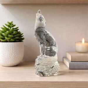 Vintage Howling Wolf Glass Figurine Frosted Clear Crystal Wildlife Decor 7 in
